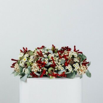 Christina - Christmas table centre piece - Australian Native Flowers - rustic and relaxed vibe - white red and green